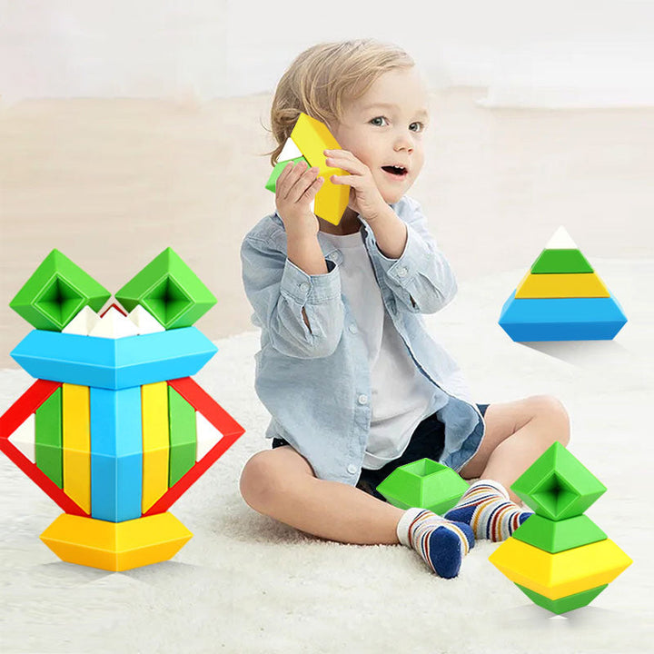 Färgglada pyramide stapelblock i ABS-plast för barn, främjar kreativitet och finmotorik, säkra med rundade hörn.