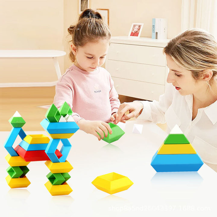 Färgglada pyramide stapelblock i ABS-plast för barn, främjar kreativitet och finmotorik, säkra med rundade hörn.