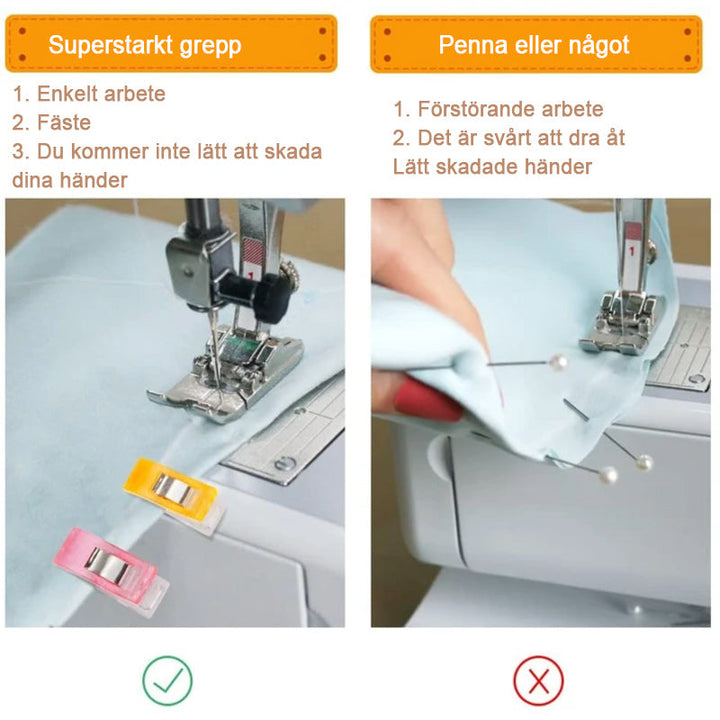"Färgglada symaskin klämmor i olika nyanser, idealiska för säkert tyggrepp och enkel mätning vid sömnadsprojekt."