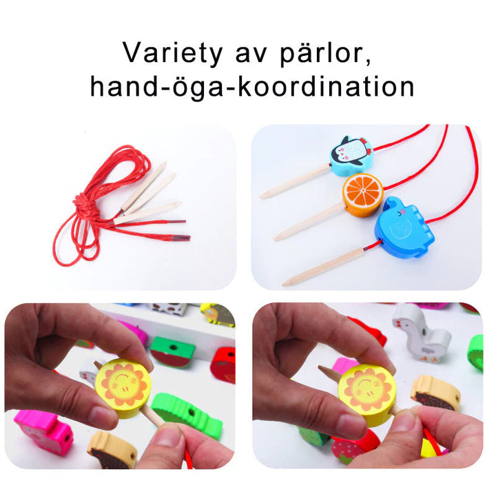 "Färgglada träpärlor för barn, olika former och färger, främjar lärande och kreativ lek, pedagogiskt leksaksset."