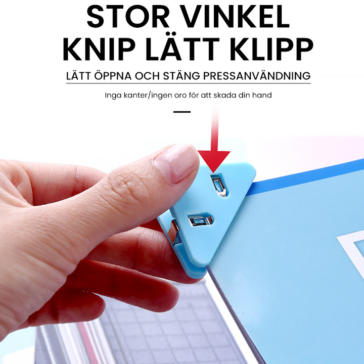 "Färgglada triangulära hörndataklämmor i plast för organisation; passar dokument och papper, set om 5."