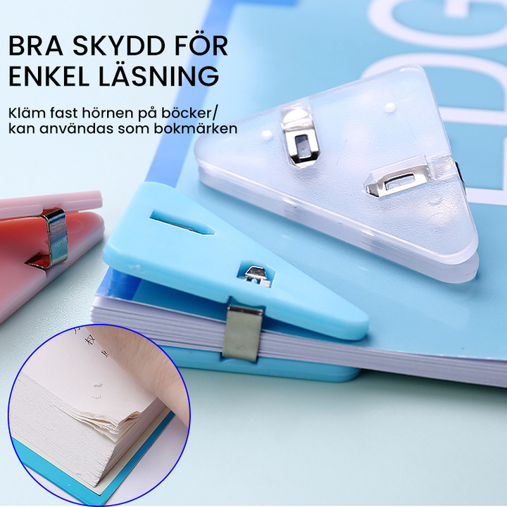 "Färgglada triangulära hörndataklämmor i plast för organisation; passar dokument och papper, set om 5."