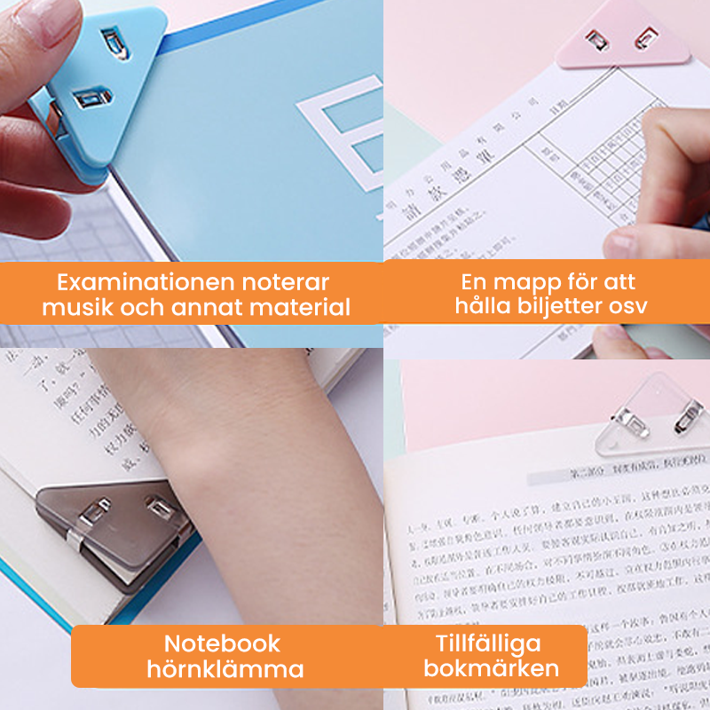 "Färgglada triangulära hörndataklämmor i plast för organisation; passar dokument och papper, set om 5."