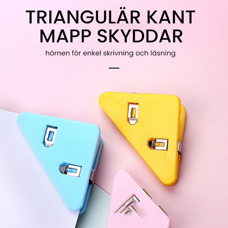 "Färgglada triangulära hörndataklämmor i plast för organisation; passar dokument och papper, set om 5."