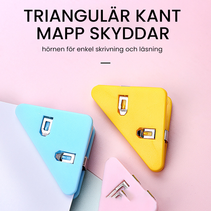 "Färgglada triangulära hörndataklämmor i plast för organisation; passar dokument och papper, set om 5."