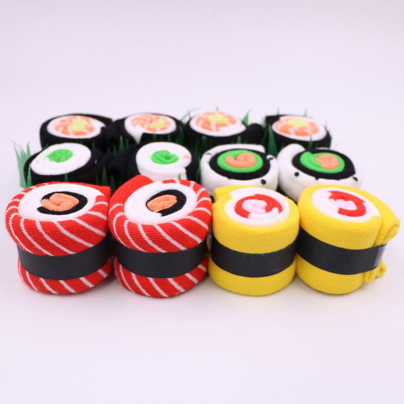 "Färgglada unisex sushi tubstrumpor i presentförpackning, designade som sushi för mode och komfort."