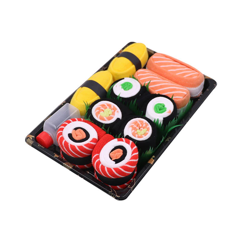 "Färgglada unisex sushi tubstrumpor i presentförpackning, designade som sushi för mode och komfort."