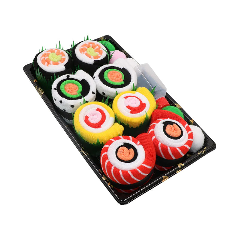 "Färgglada unisex sushi tubstrumpor i presentförpackning, designade som sushi för mode och komfort."