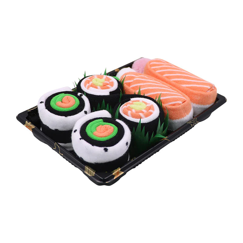 "Färgglada unisex sushi tubstrumpor i presentförpackning, designade som sushi för mode och komfort."