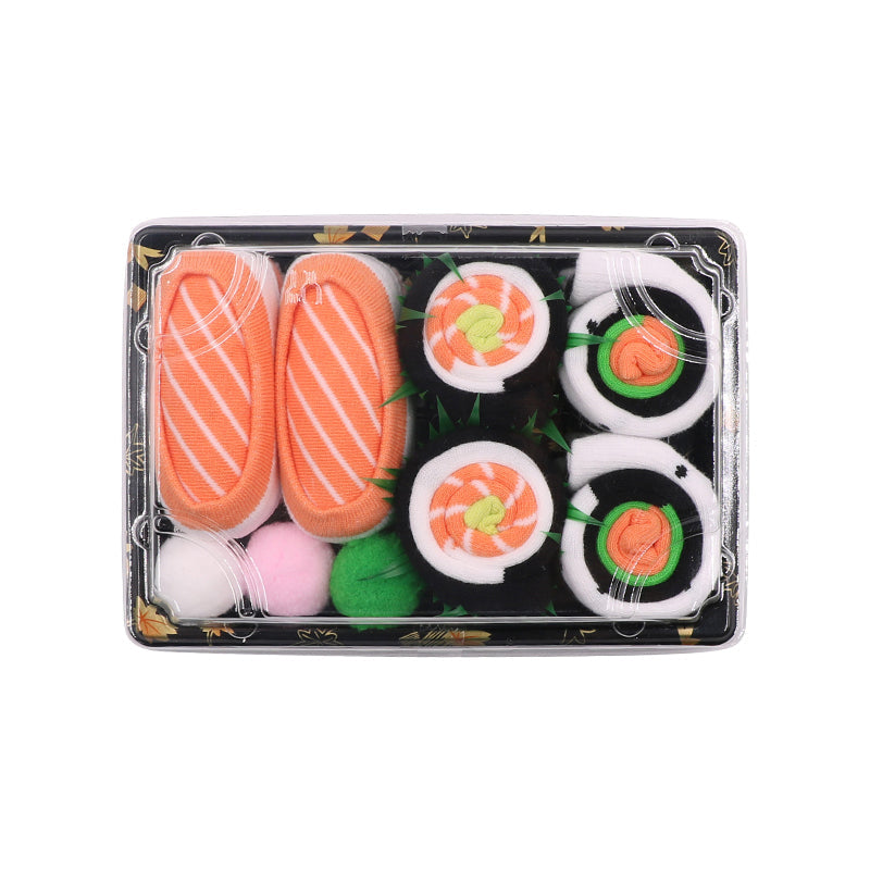 "Färgglada unisex sushi tubstrumpor i presentförpackning, designade som sushi för mode och komfort."