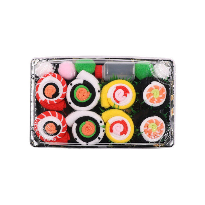 "Färgglada unisex sushi tubstrumpor i presentförpackning, designade som sushi för mode och komfort."