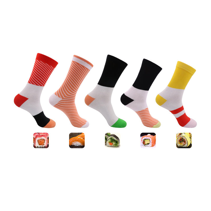 "Färgglada unisex sushi tubstrumpor i presentförpackning, designade som sushi för mode och komfort."