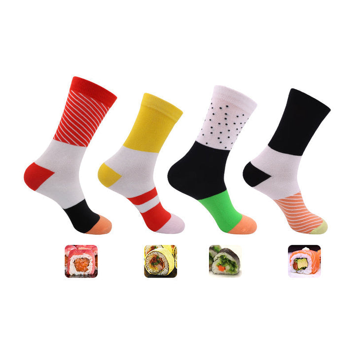 "Färgglada unisex sushi tubstrumpor i presentförpackning, designade som sushi för mode och komfort."