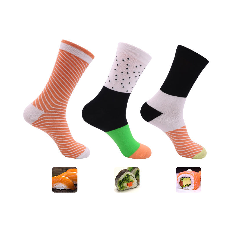 "Färgglada unisex sushi tubstrumpor i presentförpackning, designade som sushi för mode och komfort."