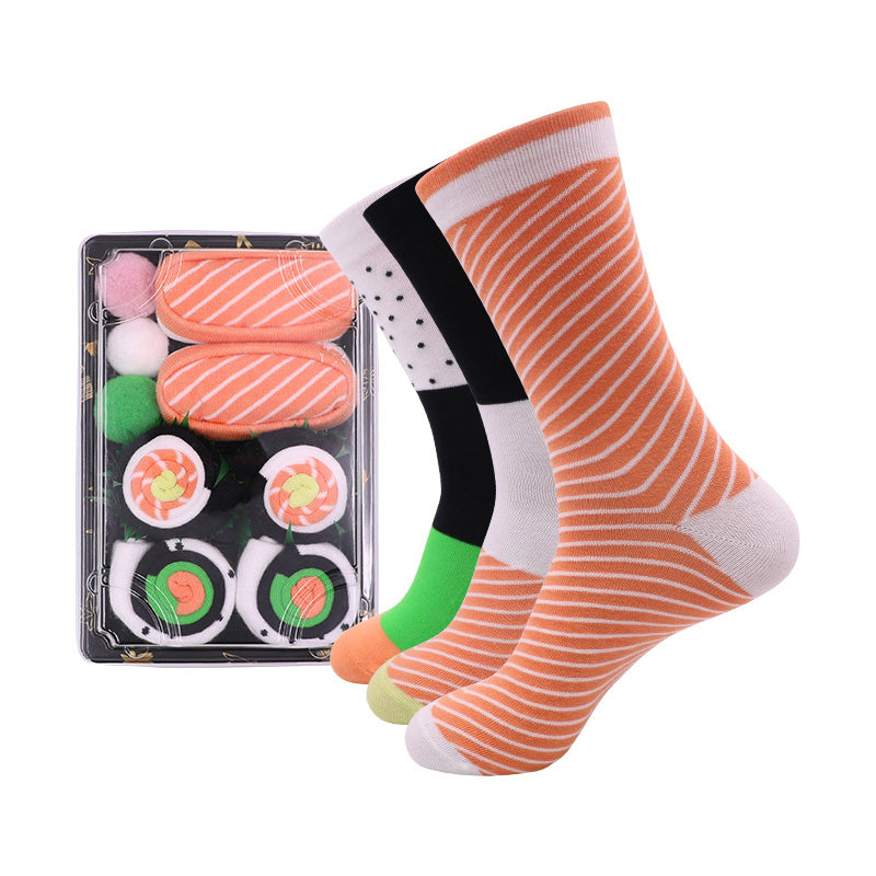"Färgglada unisex sushi tubstrumpor i presentförpackning, designade som sushi för mode och komfort."