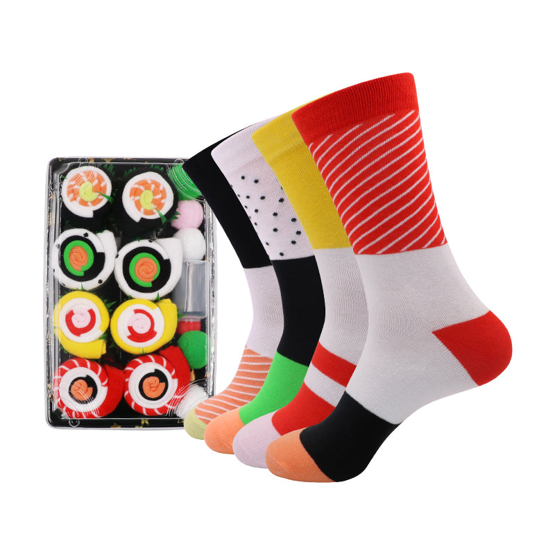"Färgglada unisex sushi tubstrumpor i presentförpackning, designade som sushi för mode och komfort."
