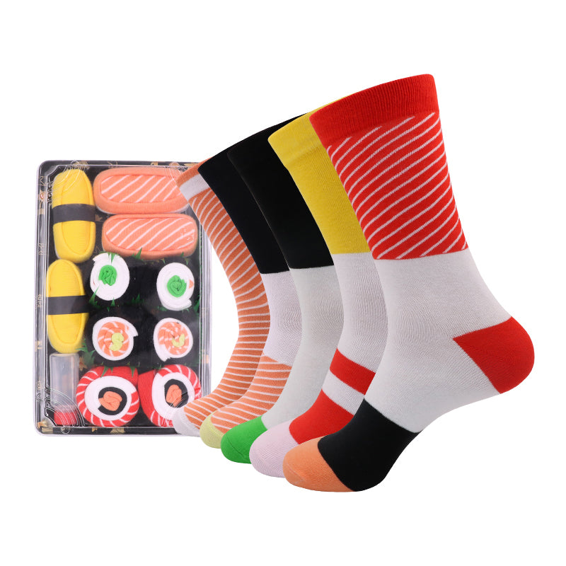 "Färgglada unisex sushi tubstrumpor i presentförpackning, designade som sushi för mode och komfort."