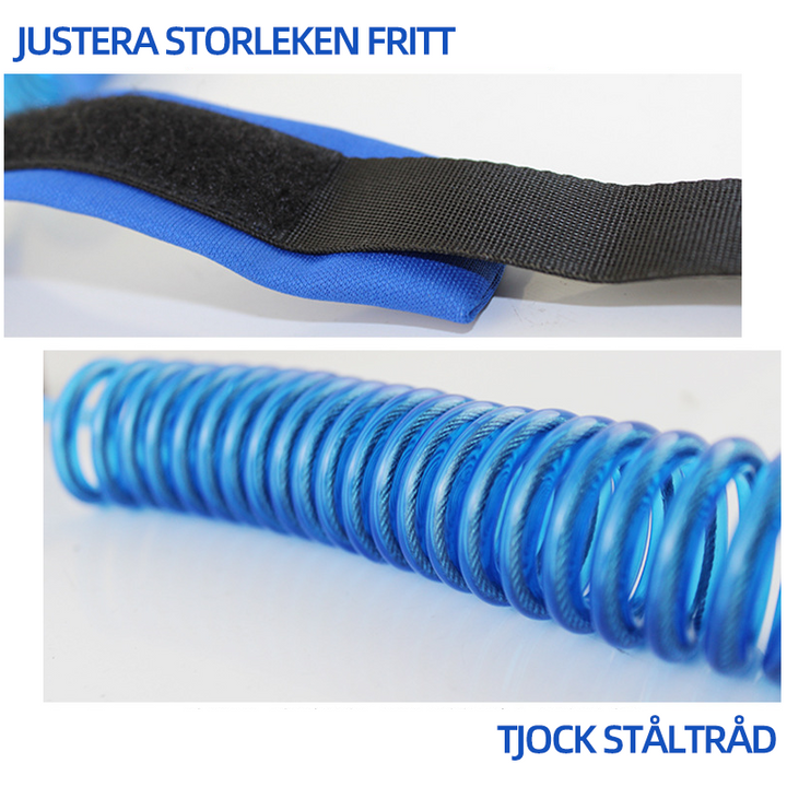 "Färgglatt barnkoppel med handledsband och ryggsäcksinfästning för säker förflyttning och fri rörelse."