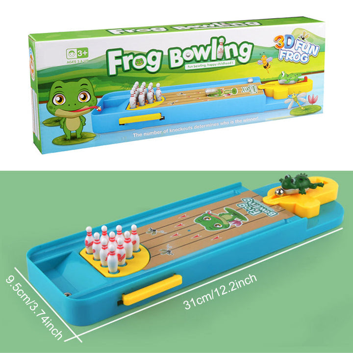 "Färgglatt bowlinggroda leksakspel för barn, med groddesign och ljusa färger, främjar lärande och lekglädje."