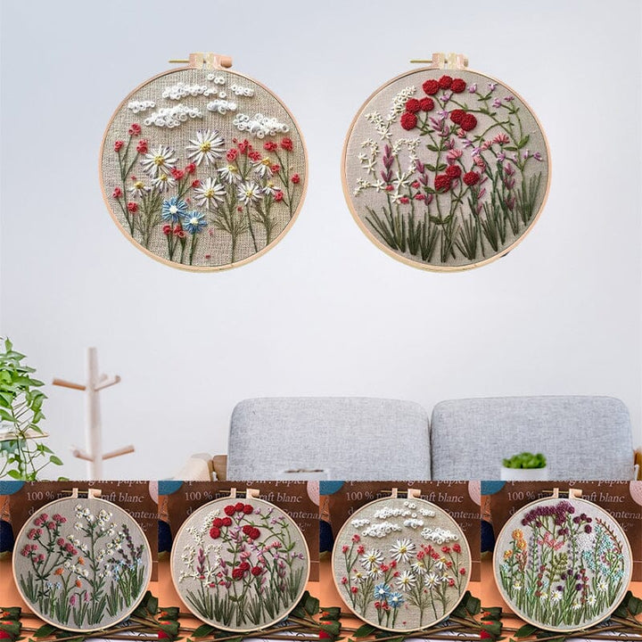 "Färgglatt broderikit för nybörjare med blomstertema, komplett med träram och verktyg för enkel start."