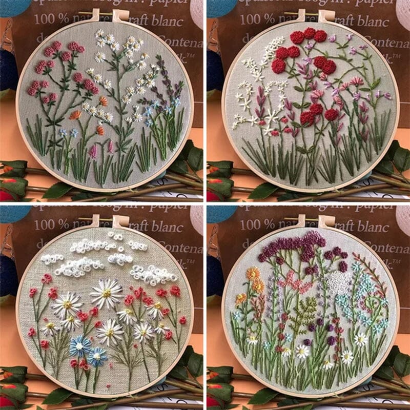 "Färgglatt broderikit för nybörjare med blomstertema, komplett med träram och verktyg för enkel start."