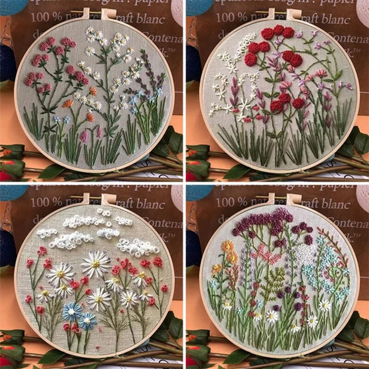 "Färgglatt broderikit för nybörjare med blomstertema, komplett med träram och verktyg för enkel start."