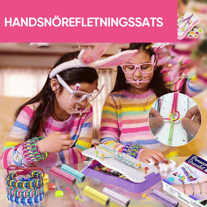"Färgglatt DIY handflätset för barn med rep och tillbehör, främjar kreativitet och handfärdigheter med säkra material."