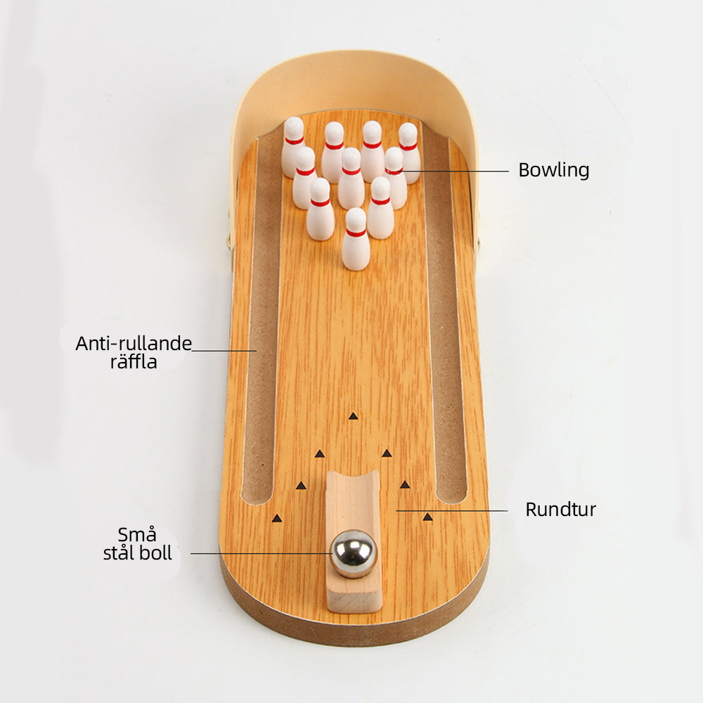 "Färgglatt mini bowling träspel för barn, med käglor och kula, perfekt för lek och träning av motorik."