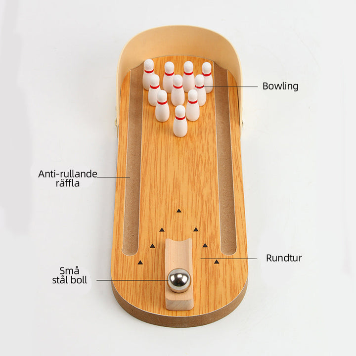 "Färgglatt mini bowling träspel för barn, med käglor och kula, perfekt för lek och träning av motorik."