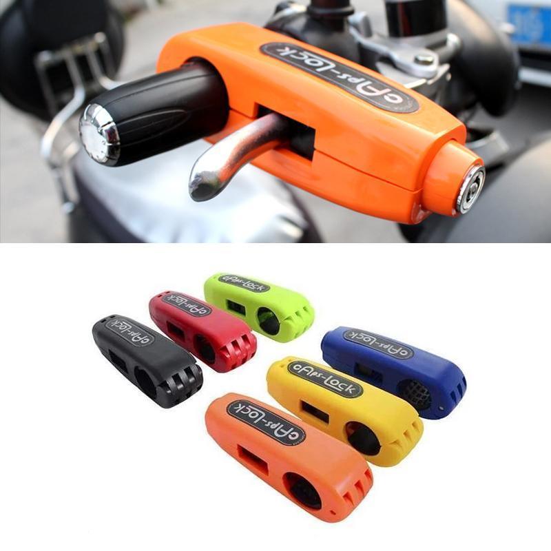 "Färgglatt motorcykel handtagslås för broms och gas, robust design, kompakt och korrosionsbeständigt, för säkerhet."