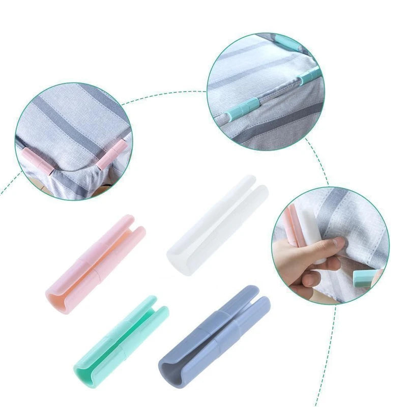 "Färggrann fästklämma i hållbar ABS-plast för perfekta lakan, visas i grönt, rosa, vitt och grått."