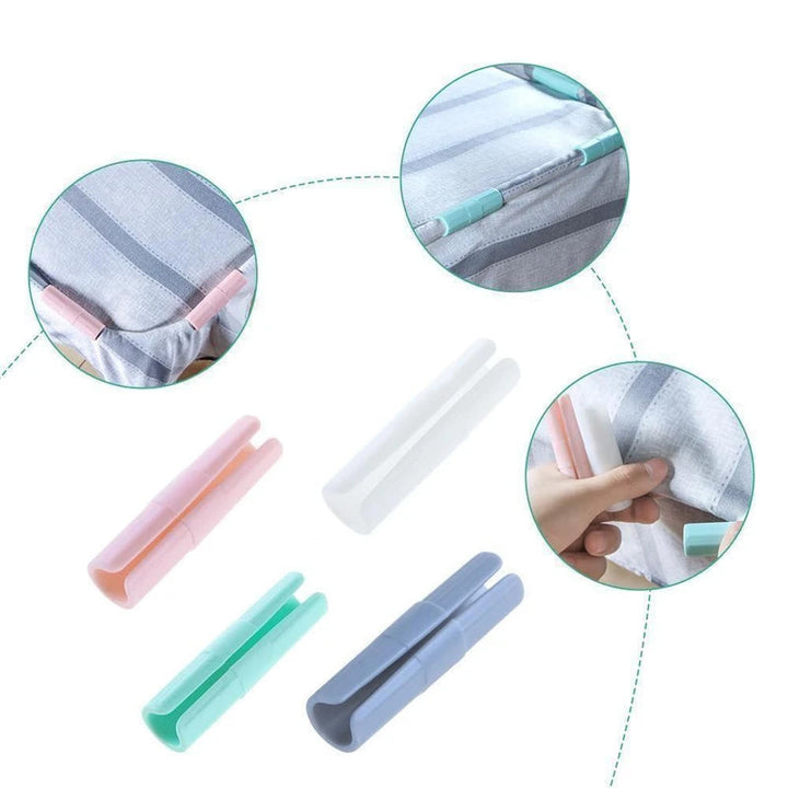 "Färggrann fästklämma i hållbar ABS-plast för perfekta lakan, visas i grönt, rosa, vitt och grått."