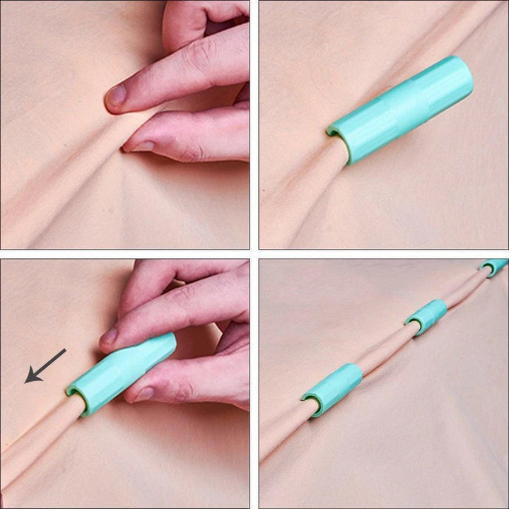 "Färggrann fästklämma i hållbar ABS-plast för perfekta lakan, visas i grönt, rosa, vitt och grått."