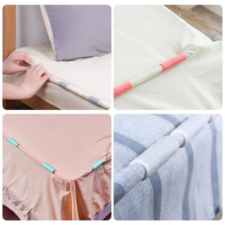 "Färggrann fästklämma i hållbar ABS-plast för perfekta lakan, visas i grönt, rosa, vitt och grått."