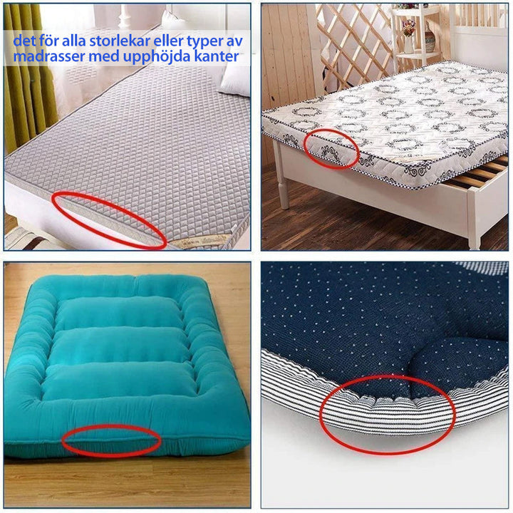 "Färggrann fästklämma i hållbar ABS-plast för perfekta lakan, visas i grönt, rosa, vitt och grått."