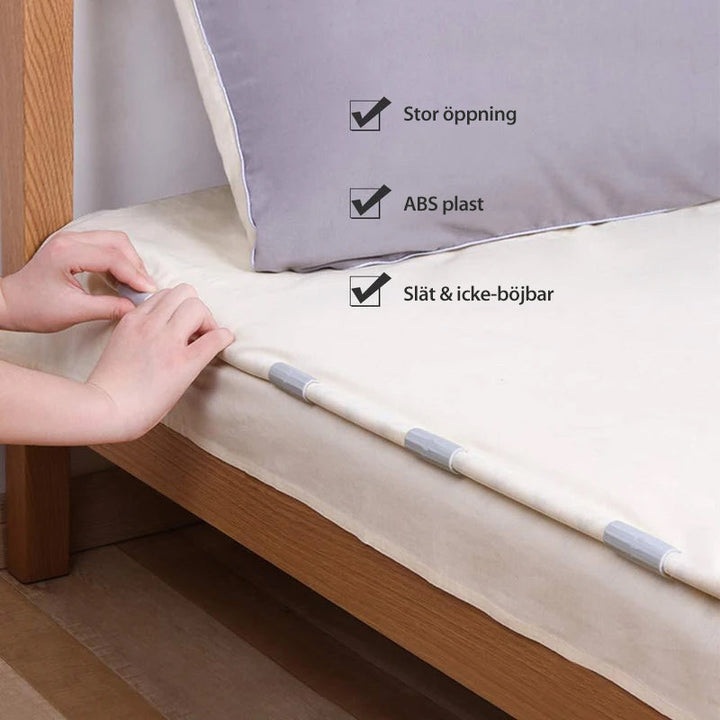 "Färggrann fästklämma i hållbar ABS-plast för perfekta lakan, visas i grönt, rosa, vitt och grått."