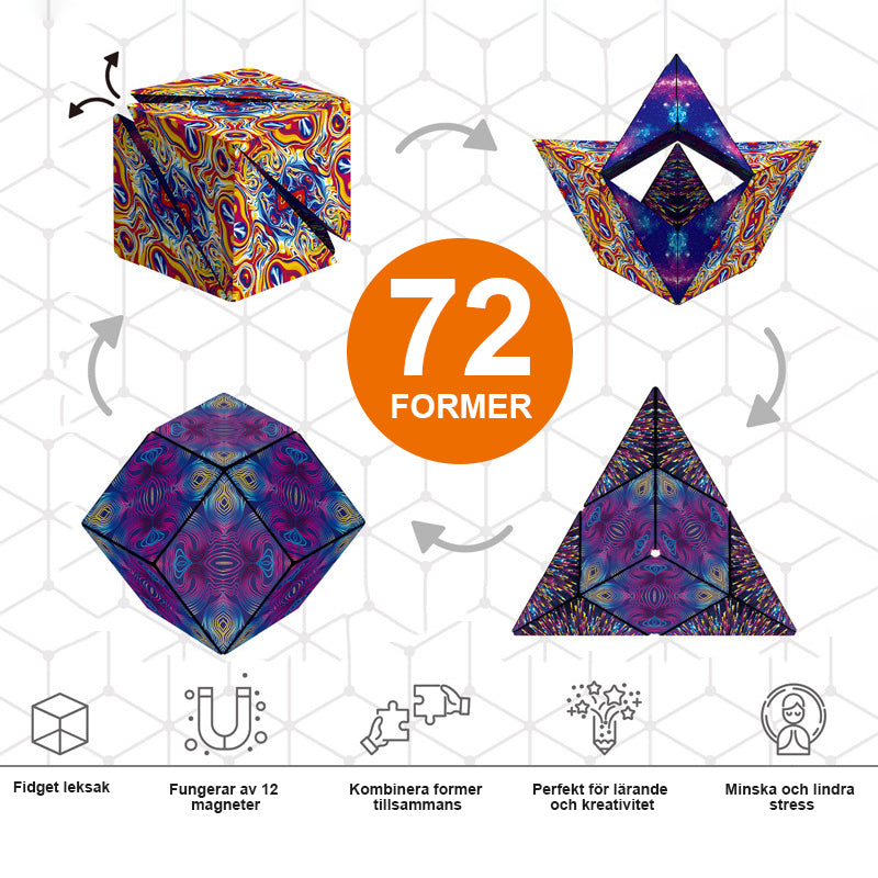 "Färggrann magnetisk kubleksak för barn, formad som en geometrisk mönstertransformation, perfekt för kreativ lek."