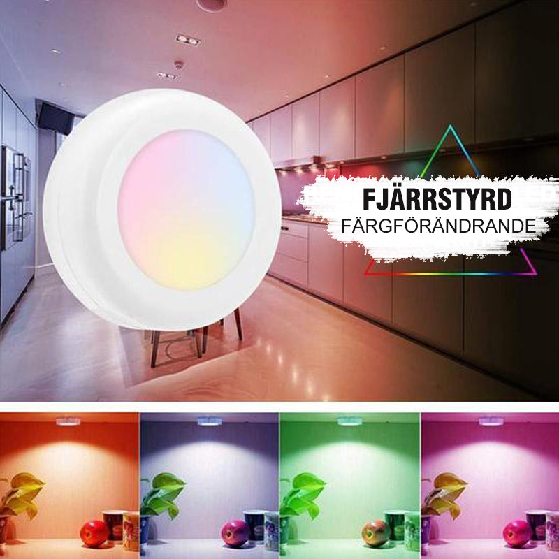 "Färgskiftande trådlös nattlampa med fjärrkontroll lyser i olika färger, perfekt för magisk atmosfär i hemmet."