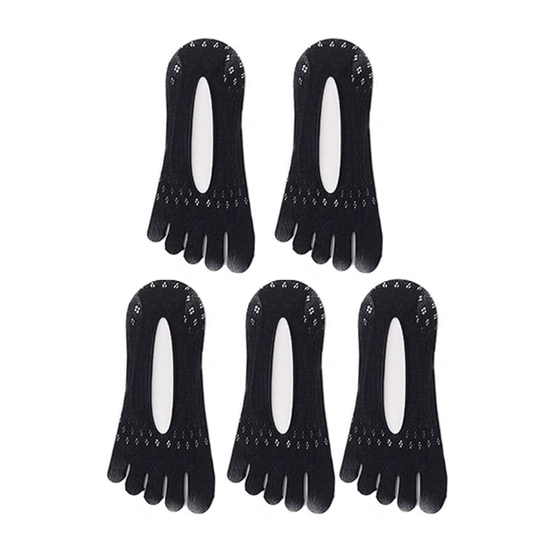 "Fem tå strumpor för kvinnor, svart och rosa, flexibel design, tåseparerande, lämplig för vardag och aktivitet."