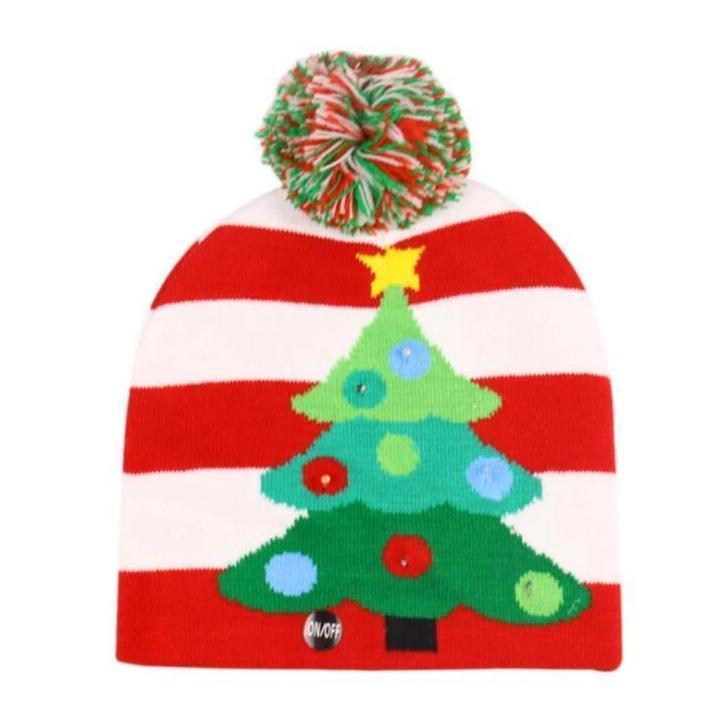 "Festlig jul LED mössa i akryl med flerfärgade ljus, julgransmönster och pepparkaksgubbar för unisex bruk."