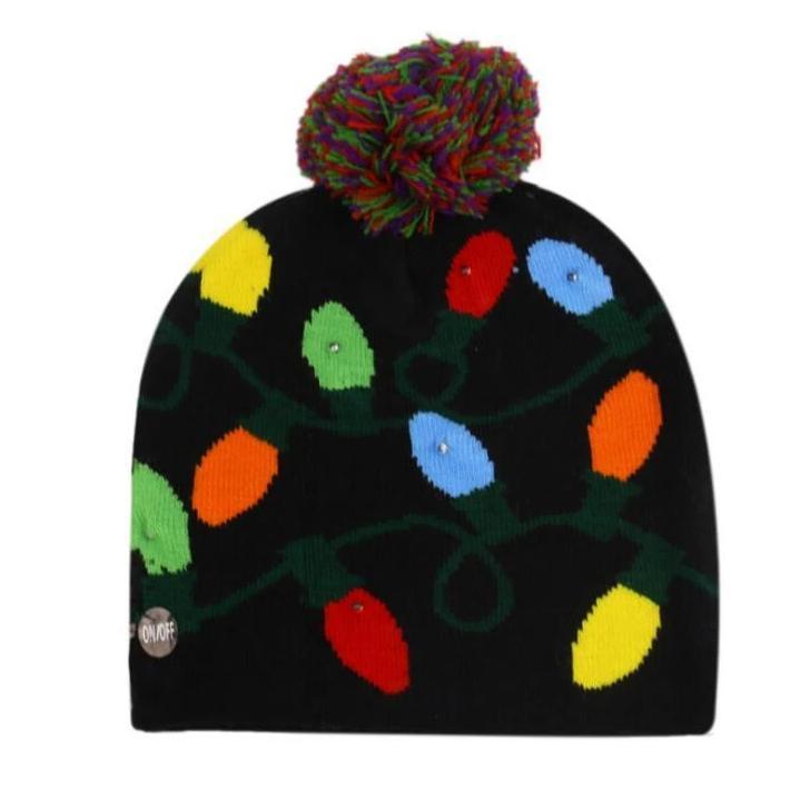 "Festlig jul LED mössa i akryl med flerfärgade ljus, julgransmönster och pepparkaksgubbar för unisex bruk."