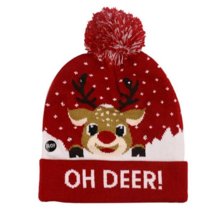 "Festlig jul LED mössa i akryl med flerfärgade ljus, julgransmönster och pepparkaksgubbar för unisex bruk."