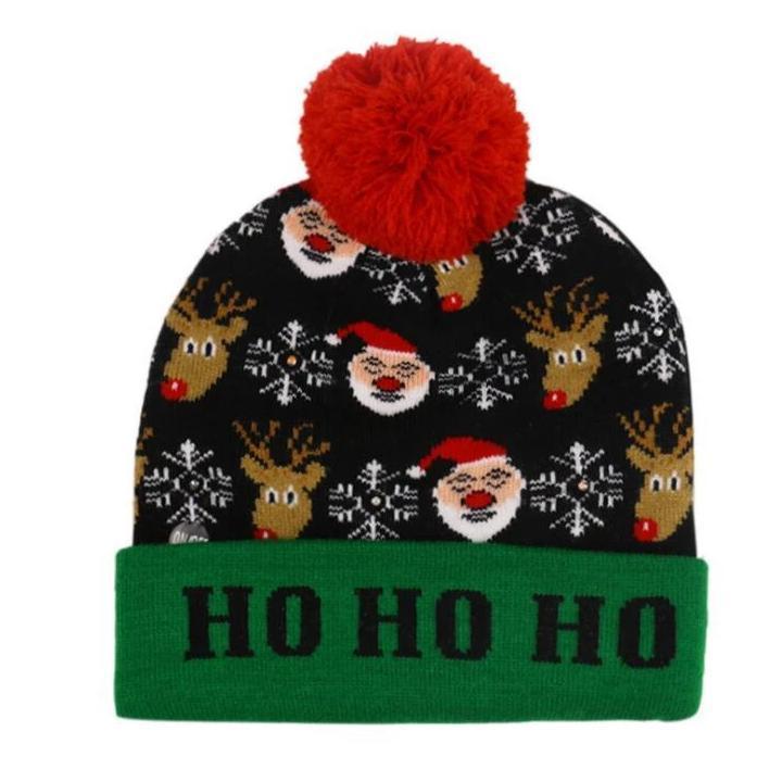 "Festlig jul LED mössa i akryl med flerfärgade ljus, julgransmönster och pepparkaksgubbar för unisex bruk."