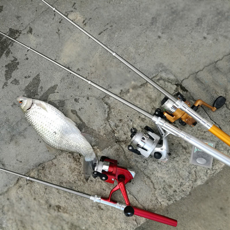 "Fickformat fiskespö för sport och utomhus, kompakt design, bärbart, korrosionsbeständigt med justerbara handtag."