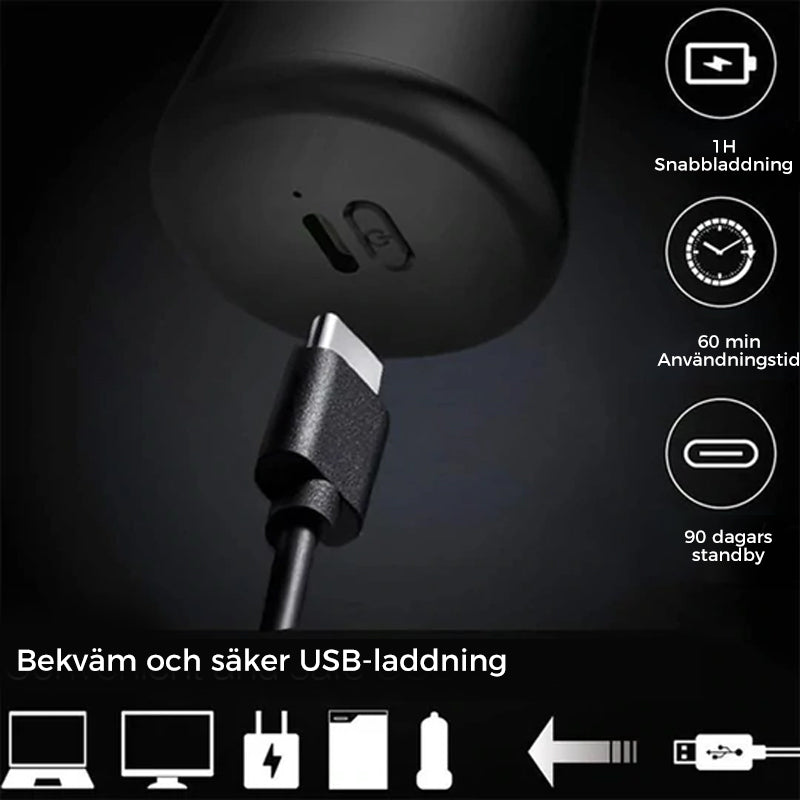 "Fickstorlek tvättbar elektrisk rakhyvel, grön eller svart, kompakt design, perfekt för resor, vattentät och snabbladdning."