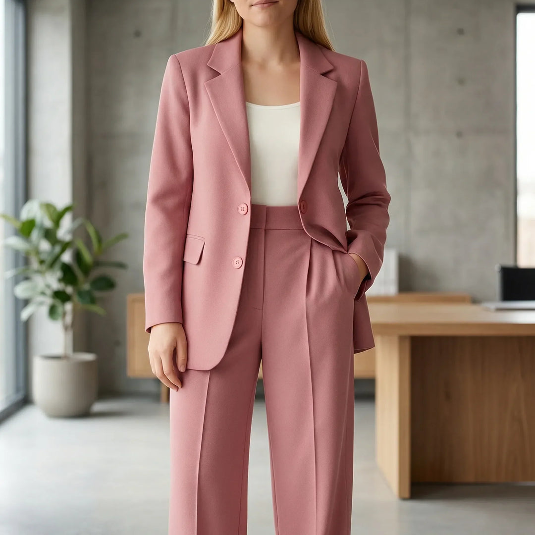 Figursydd dam byxkostym Zoe för professionell elegans. Elegant tvådelad kontorsklädsel med stilren design.
