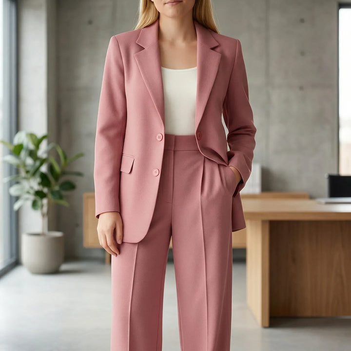 Figursydd dam byxkostym Zoe för professionell elegans. Elegant tvådelad kontorsklädsel med stilren design.