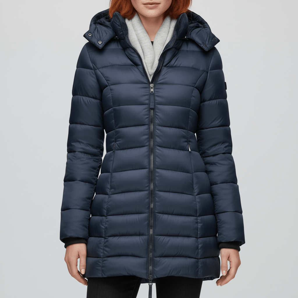 Figursydd damvinterjacka Sofia. Varm & elegant parkas med huva för kalla dagar.