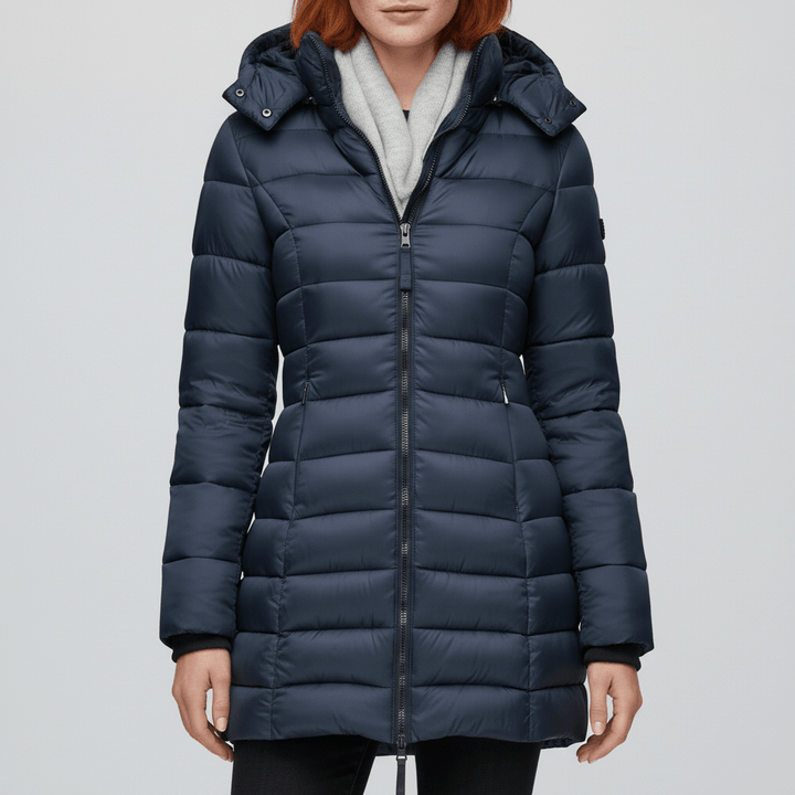 Figursydd damvinterjacka Sofia. Varm & elegant parkas med huva för kalla dagar.