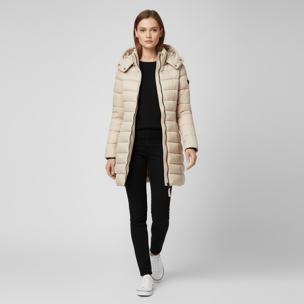 Varm fodrad vinterjacka Sofia för dam. Bekväm figursydd parkas med huva, perfekt för vardag.
